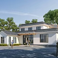 Modern Two Story White House With Black Roof Surrounded By Trees And People In Front