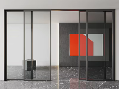 Modern Interior Featuring Glass Sliding Doors With Black Frame And Marble Floor Artwork 3d model
