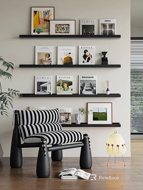 Black and White Striped Single Sofa With Bookshelf Books Decorations Green Plant And Decorative Painting 3d model 