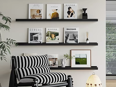 Black and White Striped Single Sofa With Bookshelf Books Decorations Green Plant And Decorative Painting 3d model