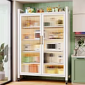 White Glass Door Kitchen Storage Cabinet Organizing Food Containers And Microwave