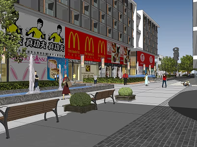 Modern Commercial Street Featuring Retail Shops Pedestrians Benches Fountains and Greenery 3d model