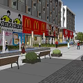 Modern Commercial Street Featuring Retail Shops Pedestrians Benches Fountains and Greenery
