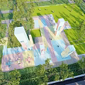 Scenic Park Landscape With Green Lawn Trees Walkways And Seating Areas
