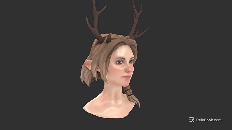 Fantasy Female Character Head With Antlers Elf Ears And Braided Brown Hair On Dark Background 3d model 