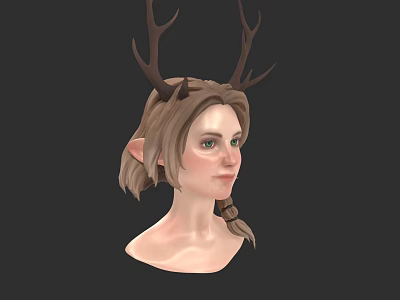 Fantasy Female Character Head With Antlers Elf Ears And Braided Brown Hair On Dark Background 3d model
