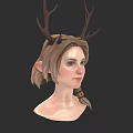 Fantasy Female Character Head With Antlers Elf Ears And Braided Brown Hair On Dark Background