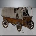 Vintage Old Covered Wagon Featuring Wooden Structure Worn Canvas Cover and Rustic Wooden Wheels