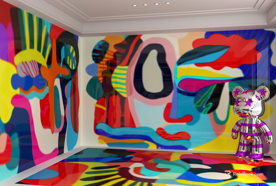 Vibrant Abstract Colorful Wall With Artistic Patterns Decorative Bear And Colorful Floor 3d model 