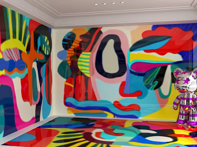 Vibrant Abstract Colorful Wall With Artistic Patterns Decorative Bear And Colorful Floor 3d model