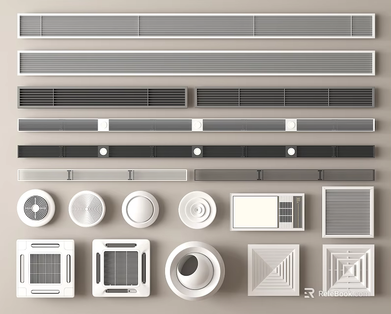 Different Designs of Air Conditioner Vents Including Linear Grid and Round Shapes 3d model 
