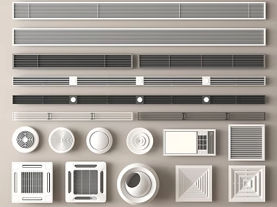 Different Designs of Air Conditioner Vents Including Linear Grid and Round Shapes 3d model