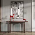 Console Table With Red Horse Decor And Wall Painting In Striped Wooden Design