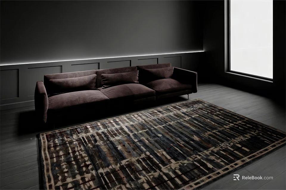 Modern Living Room Interior With Dark Sofa Recessed Lighting And Stylish Patterned Rug 3d model 
