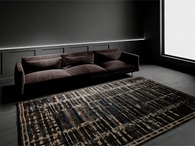 Modern Living Room Interior With Dark Sofa Recessed Lighting And Stylish Patterned Rug 3d model