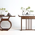 Traditional Wooden Console Tables With Potted Plants Decorative Figurines And Circular Accents