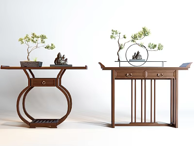 Traditional Wooden Console Tables With Potted Plants Decorative Figurines And Circular Accents 3d model