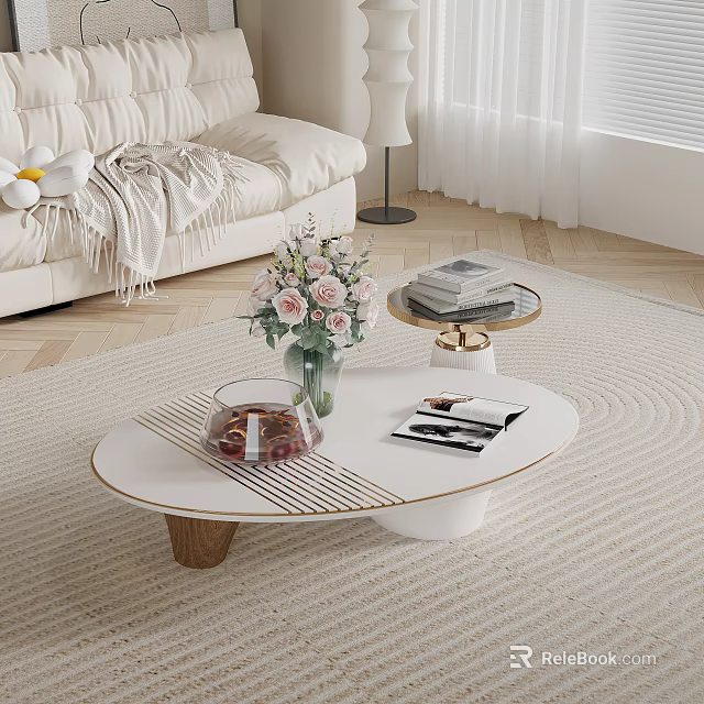 Modern Living Room Coffee Table With White Top Wooden Legs Vase Pink Flowers And Books 3d model 