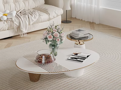 Modern Living Room Coffee Table With White Top Wooden Legs Vase Pink Flowers And Books 3d model