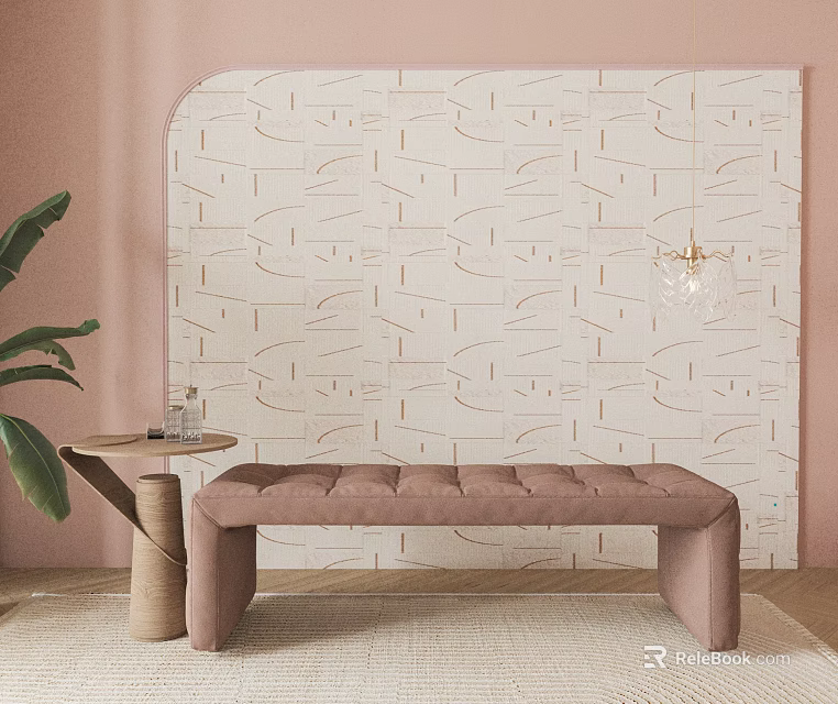 Tufted Sofa Bench in Room with Patterned Wall Tiles Small Round Table and Green Plant 3d model 