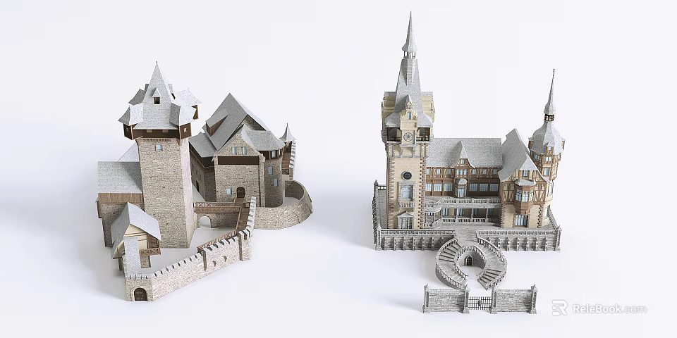 Castle Style Detached Villa With Spires Towers Stone Walls And Courtyards 3d model 