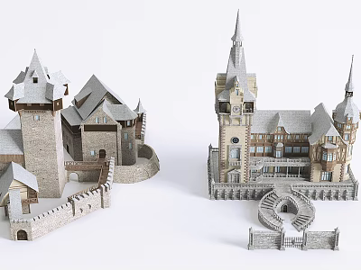 Castle Style Detached Villa With Spires Towers Stone Walls And Courtyards 3d model