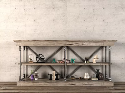 Rustic Industrial Wooden And Metal Storage Shelf With Multi Tier Decorative Items Against Concrete Wall 3d model