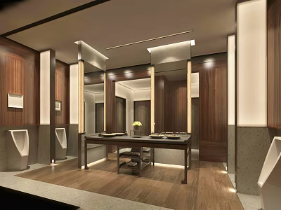 Elegant Public Toilet Interior With Wooden Walls Washbasin Counter And Mirrors 3d model