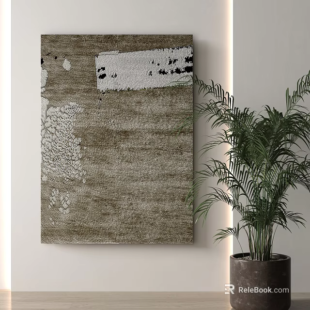 Modern Square Rug With Abstract Brown White Pattern In Living Room With Green Plant 3d model 