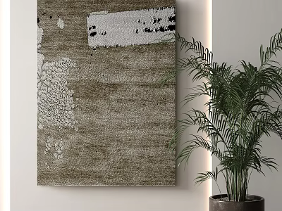 Modern Square Rug With Abstract Brown White Pattern In Living Room With Green Plant 3d model