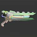 Futuristic Green Sci Fi Weapon with Yellow Blue Red Accents and Metallic Shiny Surface Design