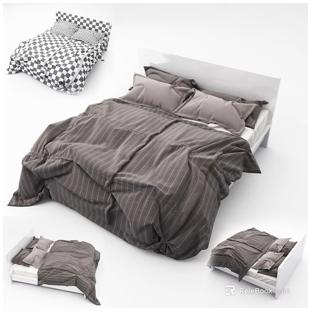 Modern Double Bed With Striped Gray Duvet Gray Pillows And White Headboard 3d model 