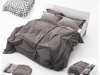 Modern Double Bed With Striped Gray Duvet Gray Pillows And White Headboard 3d model