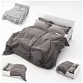 Modern Double Bed With Striped Gray Duvet Gray Pillows And White Headboard