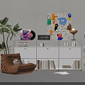 Modern Decorative Cabinet With Books Clock Vinyl Record Table Lamp And Potted Plant Near Artwork