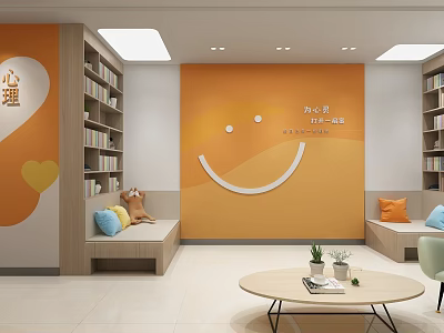 Relaxing Lounge Area With Orange Wall Smiley Face Design Bookshelves Benches Pillows Round Coffee Table 3d model