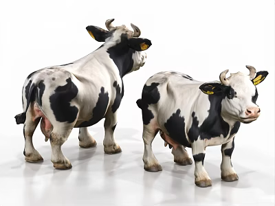 Detailed Black And White Cow Figurines In Standing Pose On White Background 3d model