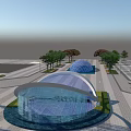 Modern Architectural Structure With Curved White Roof And Blue Glass Facade Near Trees