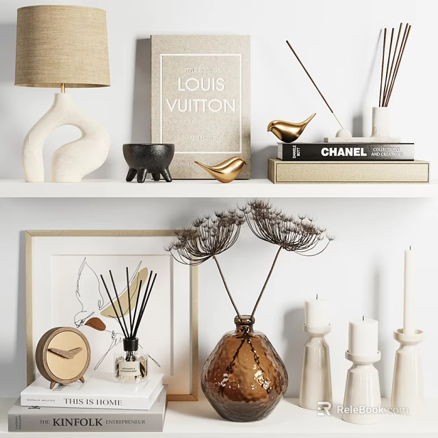 Decorative Ornament Set With Table Lamp Books Golden Bird Vase Candles Diffuser And Picture Frame 3d model 