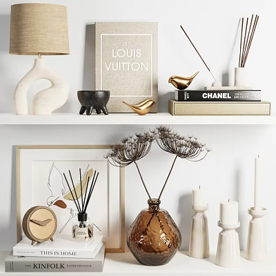 Decorative Ornament Set With Table Lamp Books Golden Bird Vase Candles Diffuser And Picture Frame 3d model