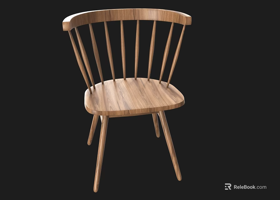 Natural Wooden Accent Chair With Curved Backrest Spindle Slats Solid Wood Seat And Slim Legs 3d model 