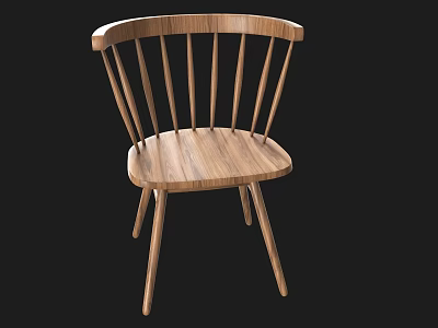 Natural Wooden Accent Chair With Curved Backrest Spindle Slats Solid Wood Seat And Slim Legs 3d model