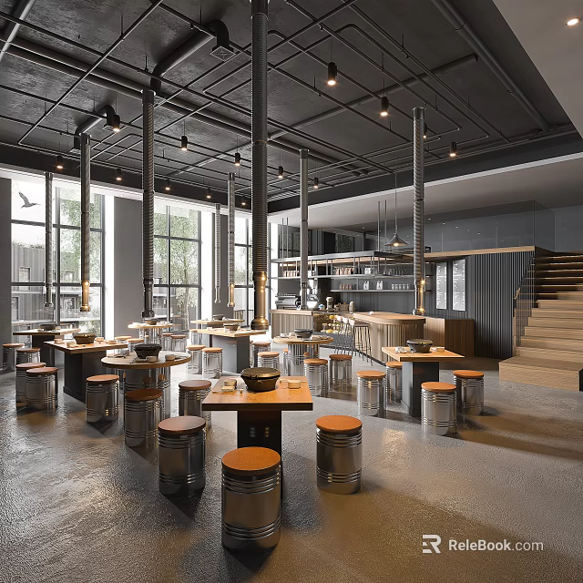 Industrial Style Hotpot Restaurant Interior With Open Kitchen Large Windows And Metal Tables Stools 3d model 