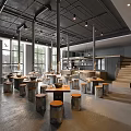 Industrial Style Hotpot Restaurant Interior With Open Kitchen Large Windows And Metal Tables Stools