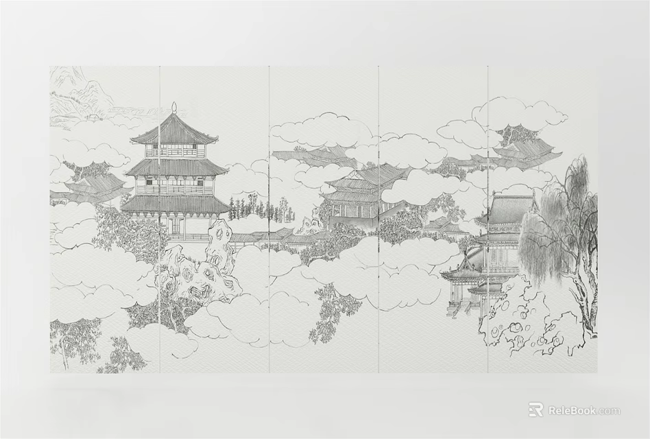 Traditional Chinese Ink Landscape As Sofa Background Wall With Ancient Buildings 3d model 