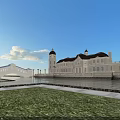 European style Architecture With White Exterior Clock Tower And Bridge By Waterfront Under Blue Sky