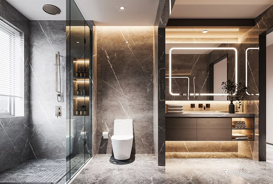 Modern Bathroom Interior With Marble Walls Glass Shower Smart Toilet And Backlit Mirror 3d model 