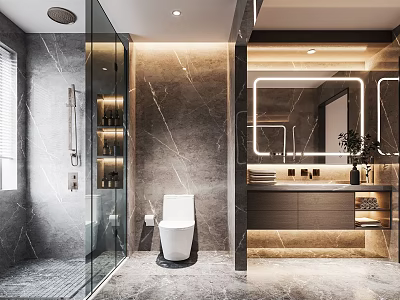 Modern Bathroom Interior With Marble Walls Glass Shower Smart Toilet And Backlit Mirror 3d model