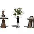 Three Stylish Side Tables With Wooden Bases Sculpture Green Plant And Stacked Books