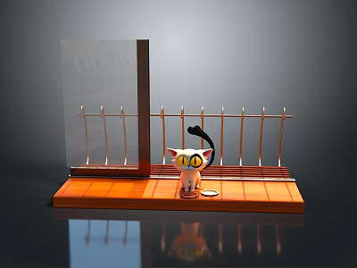 Small Cat Doll On Wooden Platform With Glass Partition And Metal Railing 3d model